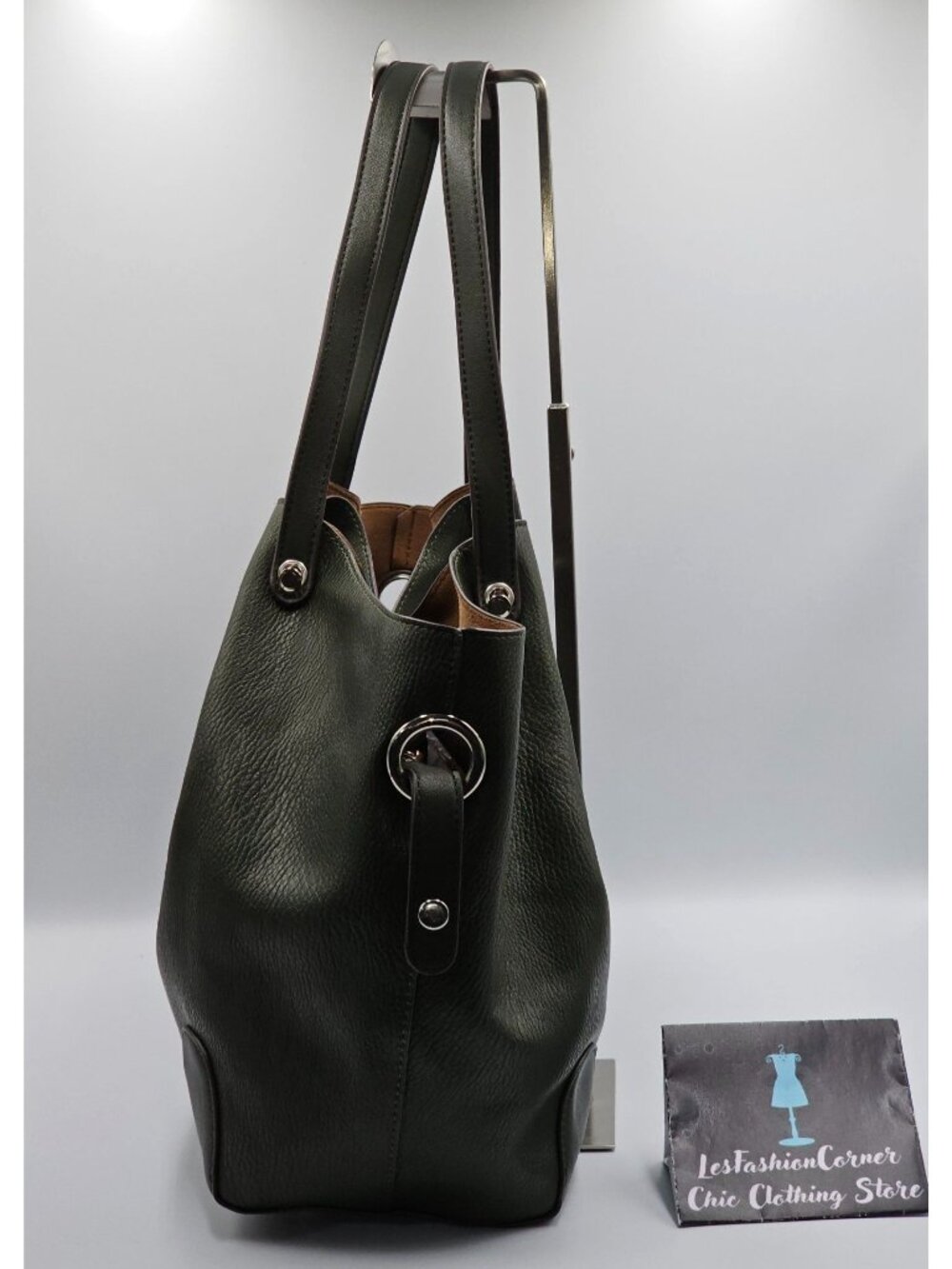 NWOT Sondra Roberts Women's Dark Green Pebbled Faux Leather Tote Bag Size L 2631 - Picture 6 of 11